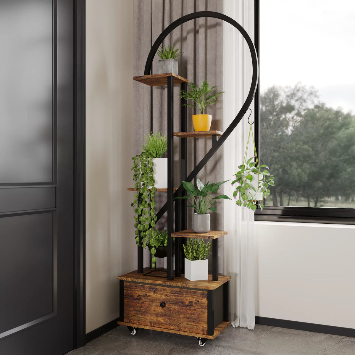 6 Tier Metal Plant Stand with Drawer and Roller, 2pcs Y4580
