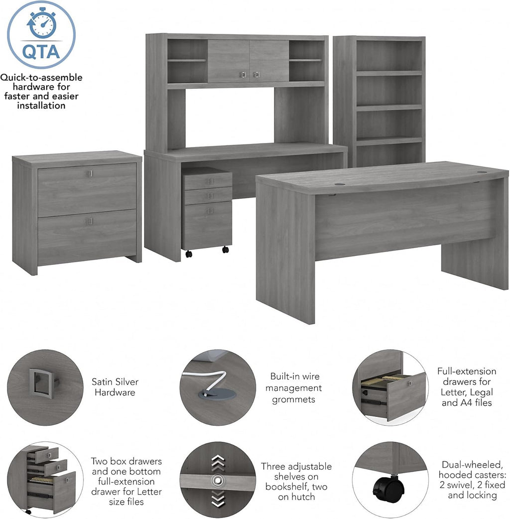 Modern Gray Bow Front Desk with Credenza, Hutch, Bookcase and File Cabinets U196