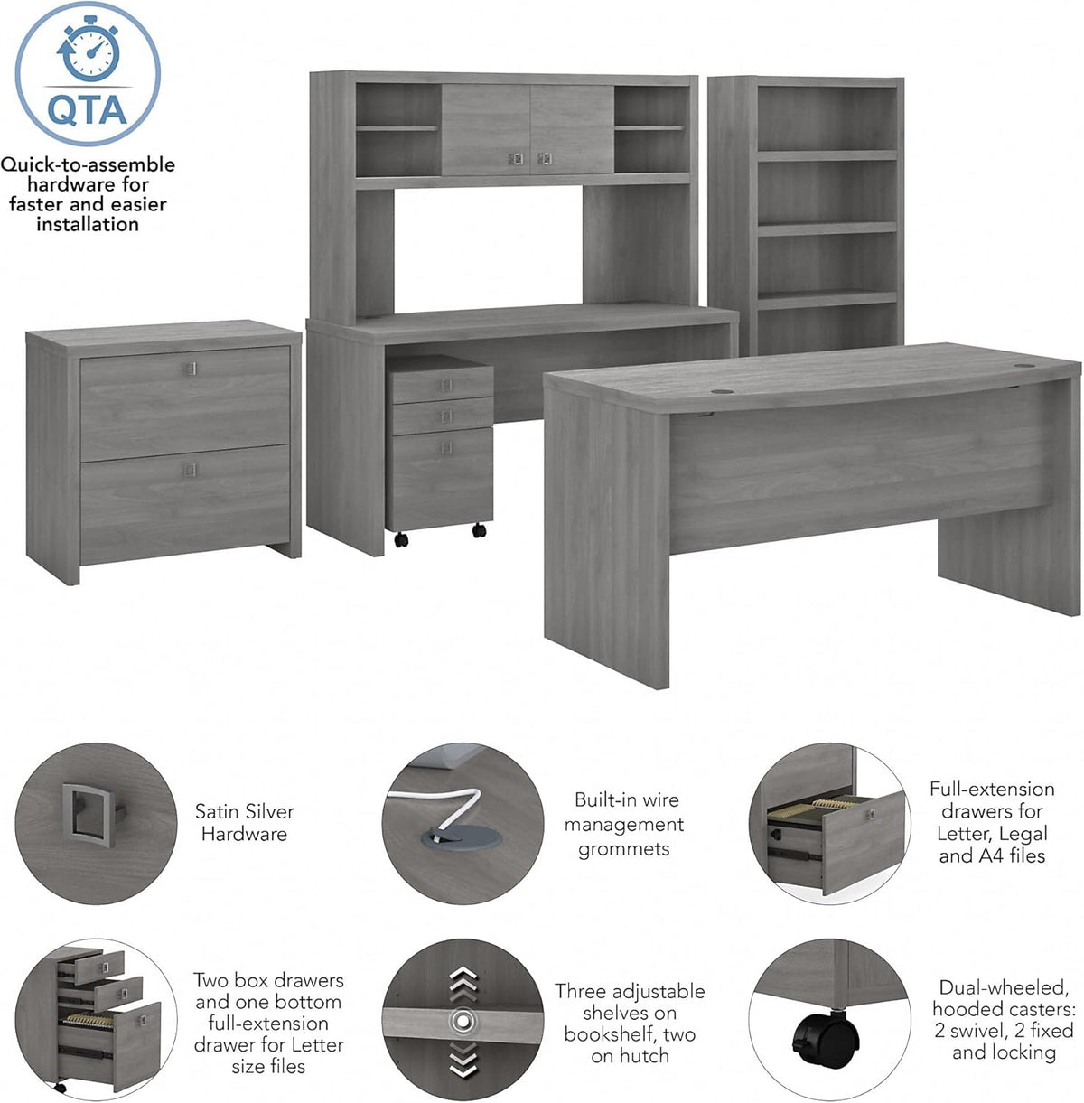 Modern Gray Bow Front Desk with Credenza, Hutch, Bookcase and File Cabinets U196
