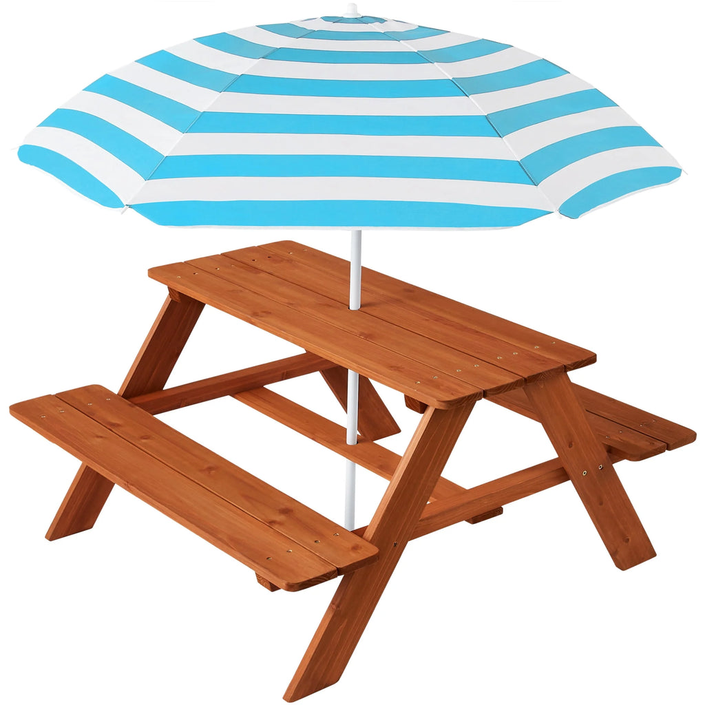 Kids Wooden Picnic Table with Adjustable Umbrella and Built-In Seats E4429