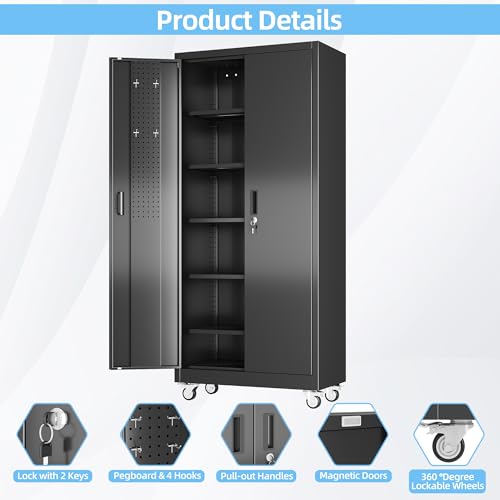73''H White Metal Storage Cabinet with Wheels and Pegboards I7437