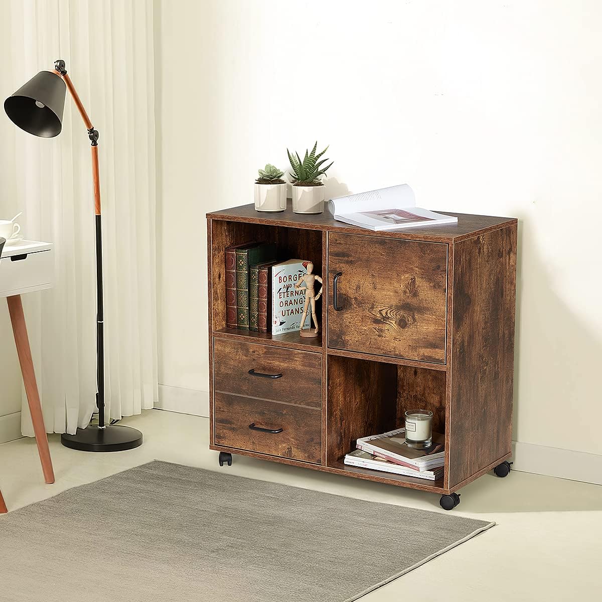2 Drawers Mobile Wooden Lateral Filing Cabinet with Lockable Casters R1638