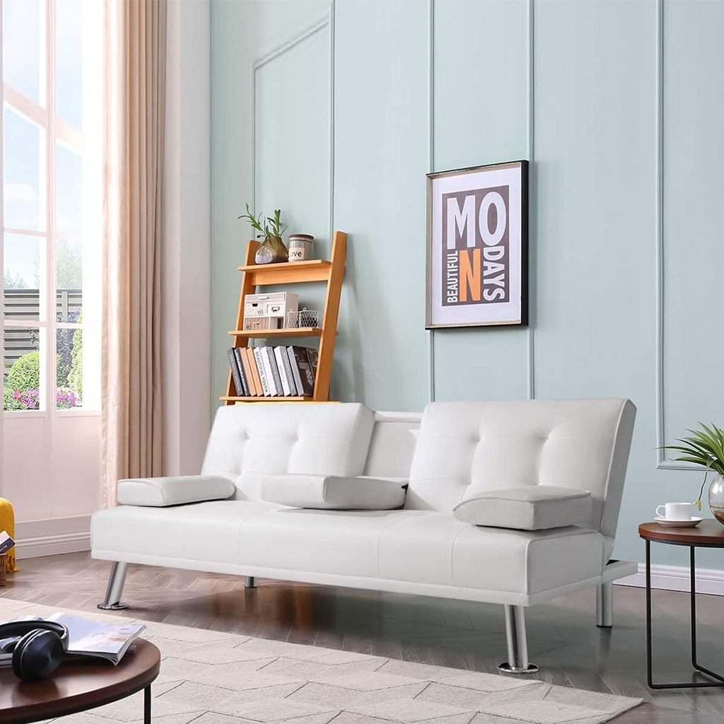 White Faux Leather Sofa Bed with Cup Holders C103626