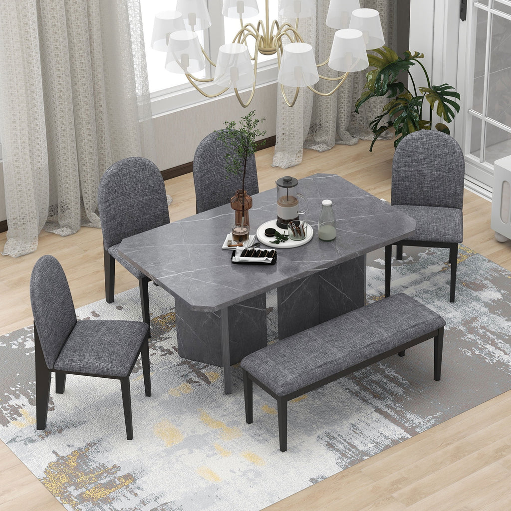 6-Piece Faux Marble Dining Set with 4 Chairs and 1 Bench W983