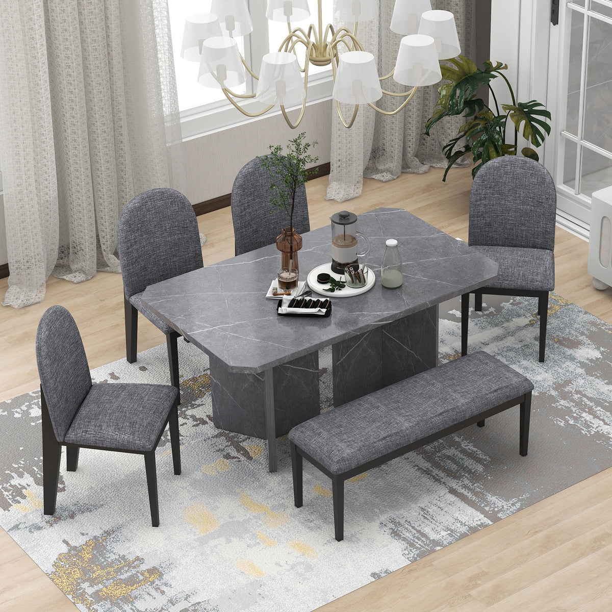 6-Piece Faux Marble Dining Set with 4 Chairs and 1 Bench W983