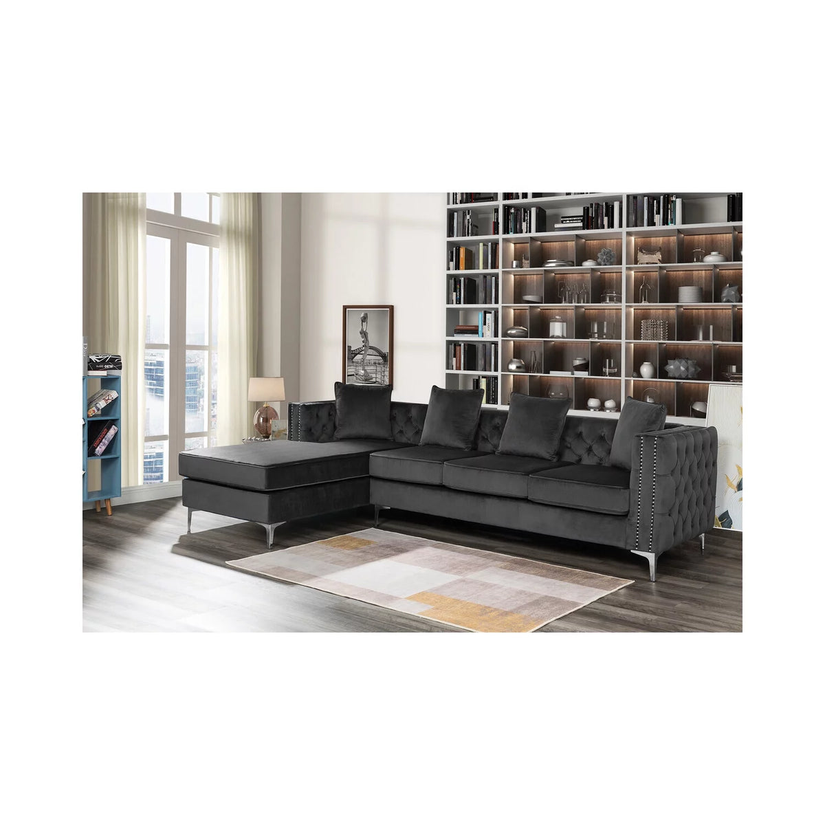 Dark Gray Velvet Reversible Sectional Sofa Chaise B9588