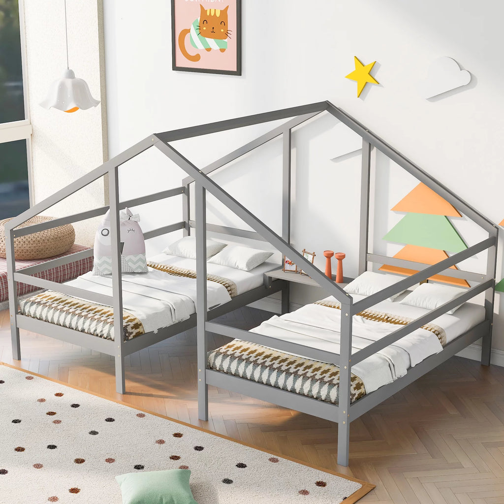Twin Size Triangular House Beds with Built-in Table Gray K83513