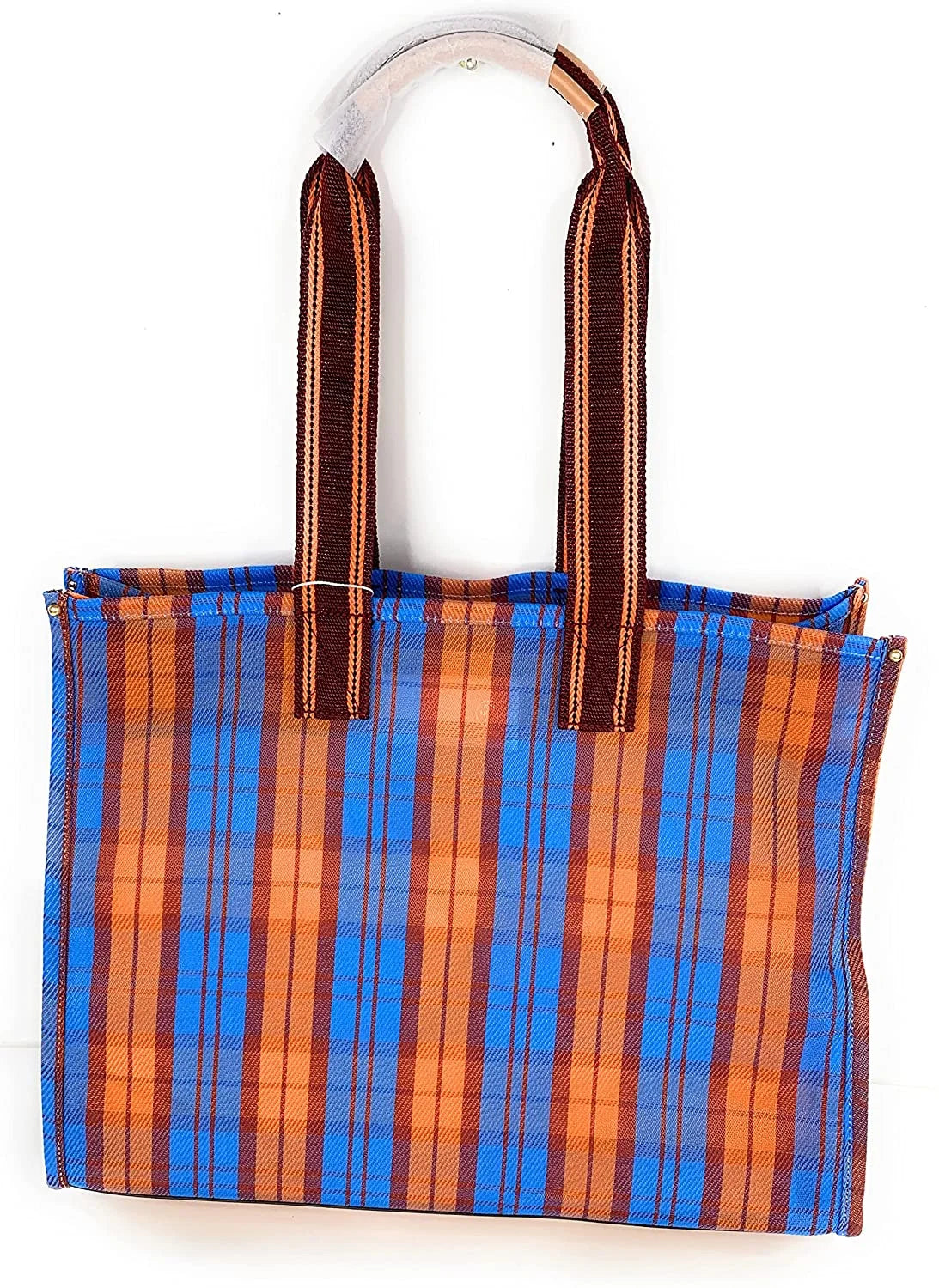 Large Mesh Tote Handbag Blue Orange Plaid R84828
