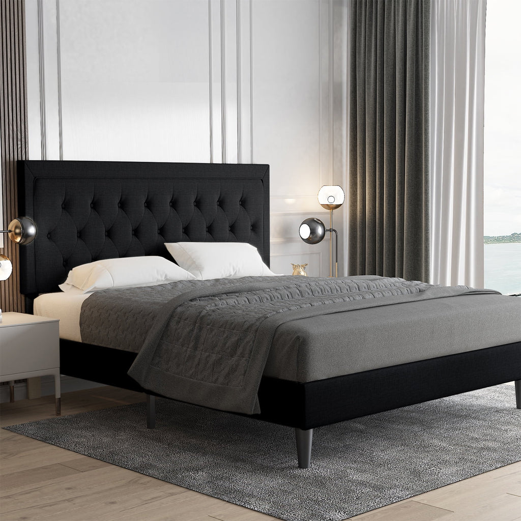 Queen Size Upholstered Platform Bed with Adjustable Headboard A77440