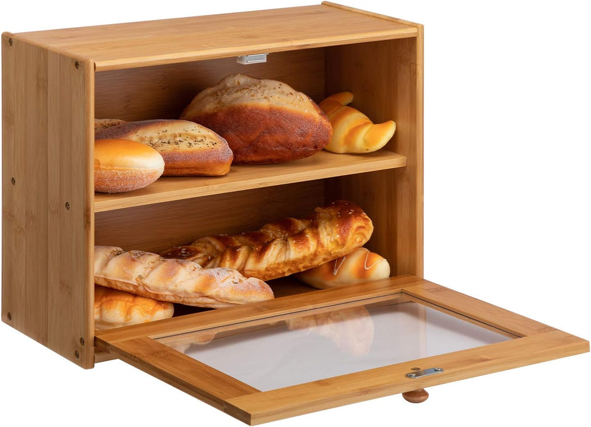 Bamboo Bread Box with 3 Cylindrical Glass Jars R759