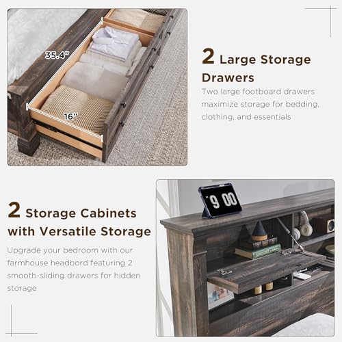 King Size Wood Platform Bed Frame with Storage Headboard and 2 Drawers Antique White P43304