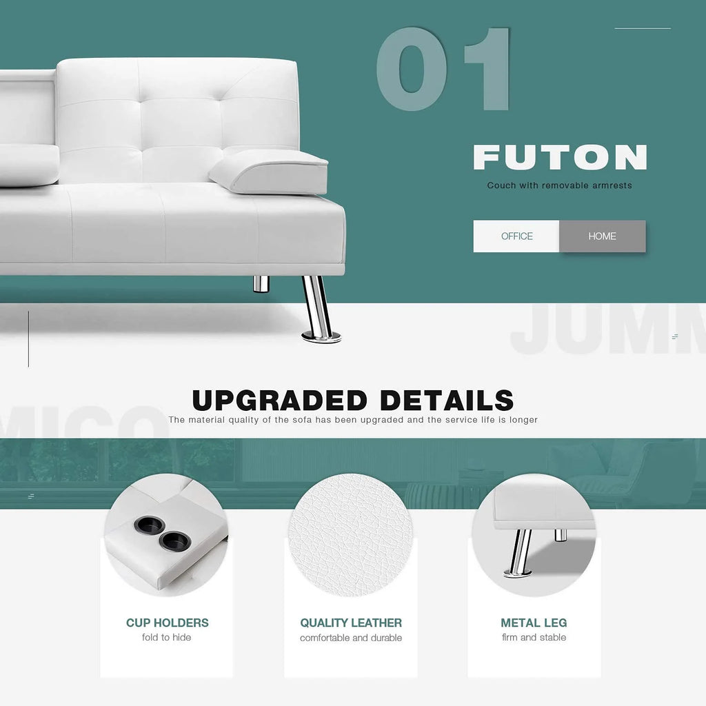 White Faux Leather Sofa Bed with Cup Holders C103626