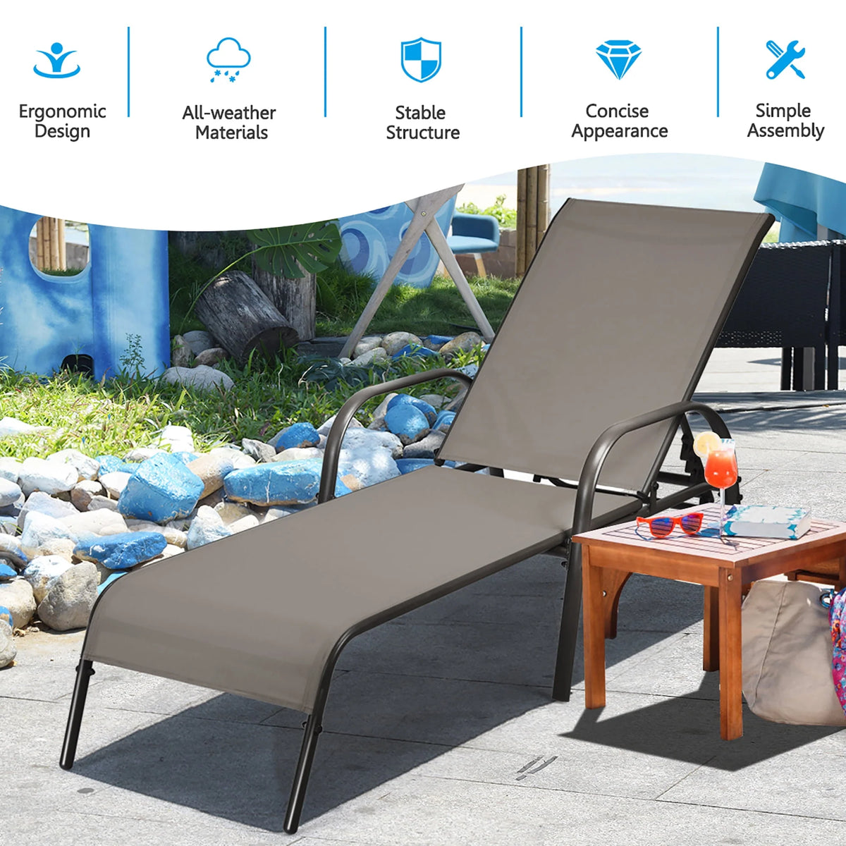 Brown Adjustable Reclining Patio Lounge Chair Q38633