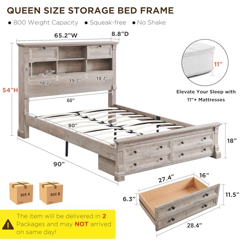 King Size Wood Platform Bed Frame with Storage Headboard and 2 Drawers Antique White P43304