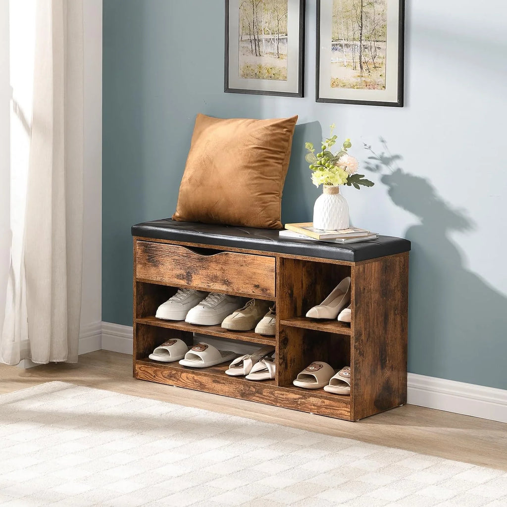 Rustic Brown Shoe Bench with Drawer and Cushion T9647