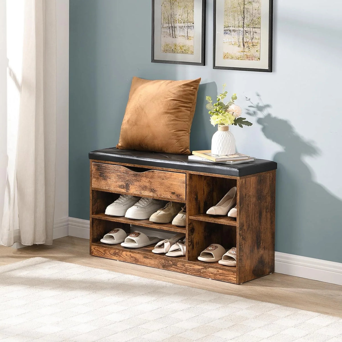 Rustic Brown Shoe Bench with Drawer and Cushion T9647