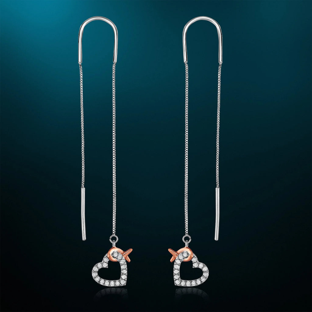 1/5 Cttw Diamond Pink Ribbon and Heart Dangle Threader Earrings in Rhodium Plated Sterling Silver W5131