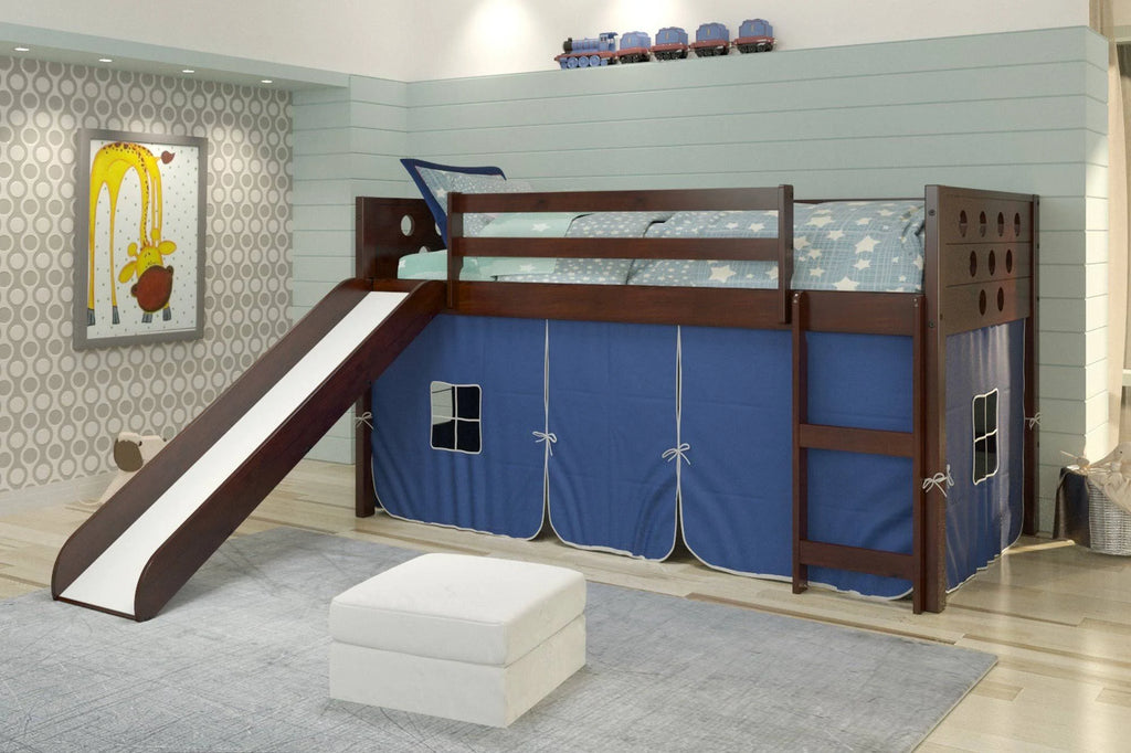 Dark Cappuccino Twin Low Loft Bed with Blue Tent Kit L22708
