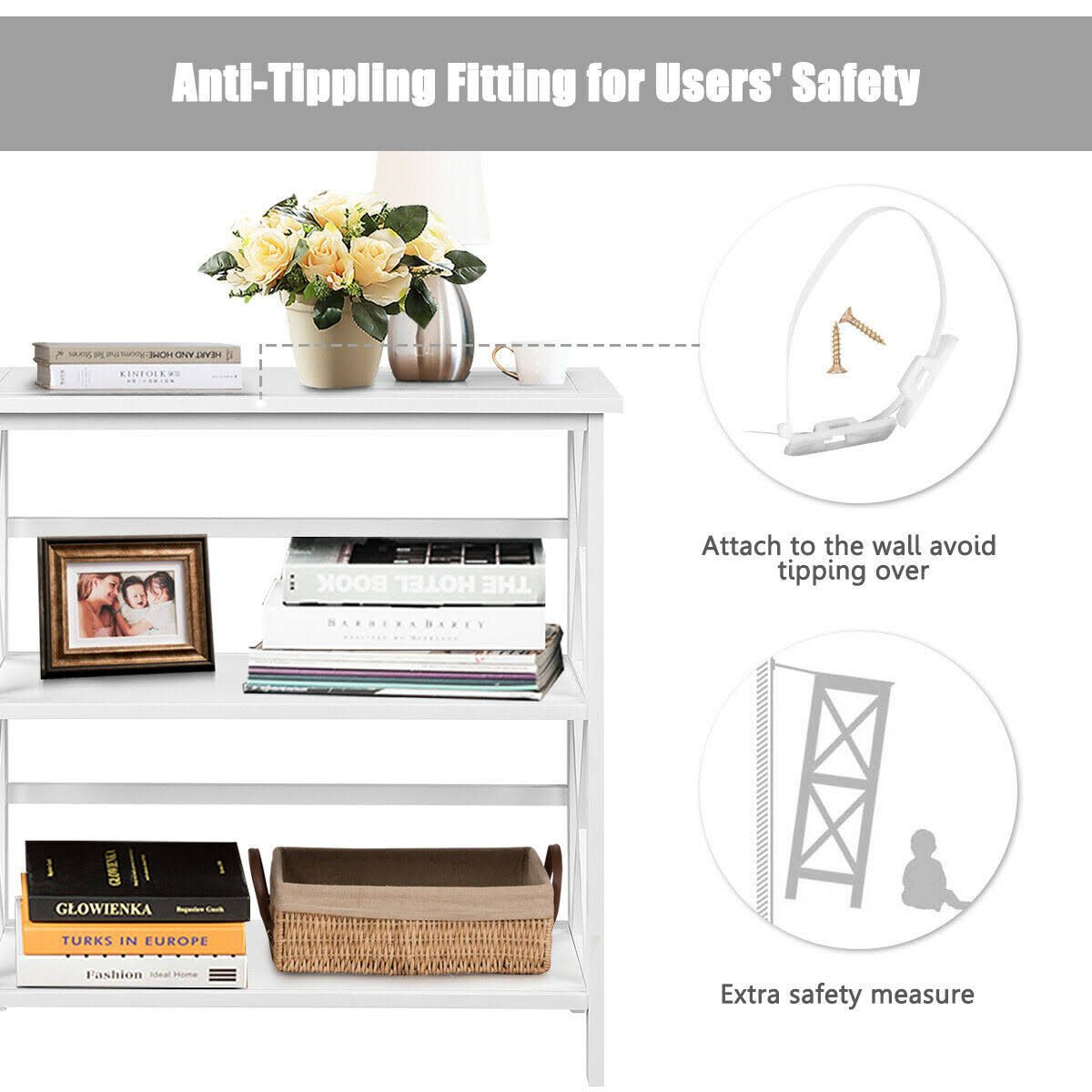 3-Tier White Wooden Open Shelf Bookcase P6555