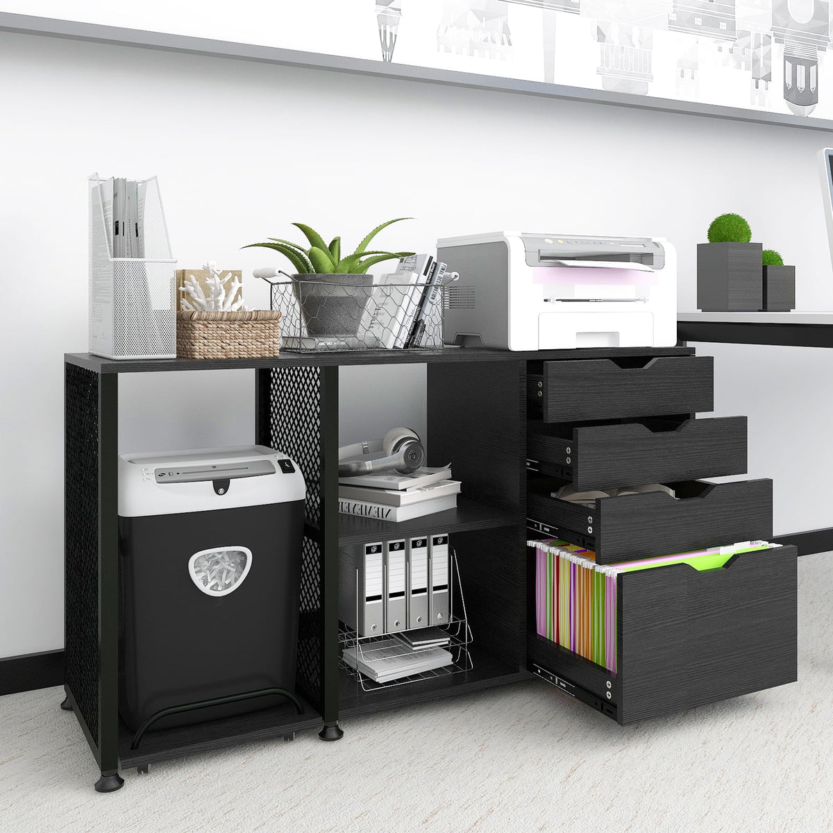 Black 4 Drawer Mobile File Cabinet with 3 Shelves B671