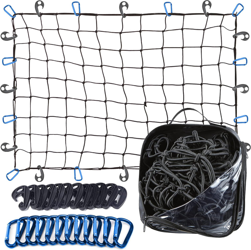 Cargo Net for Pickup Truck Bed - 4 x 6 Foot, Heavy-Duty, Mesh Bungee Netting with 12 Black Clips and Storage Bag S6627