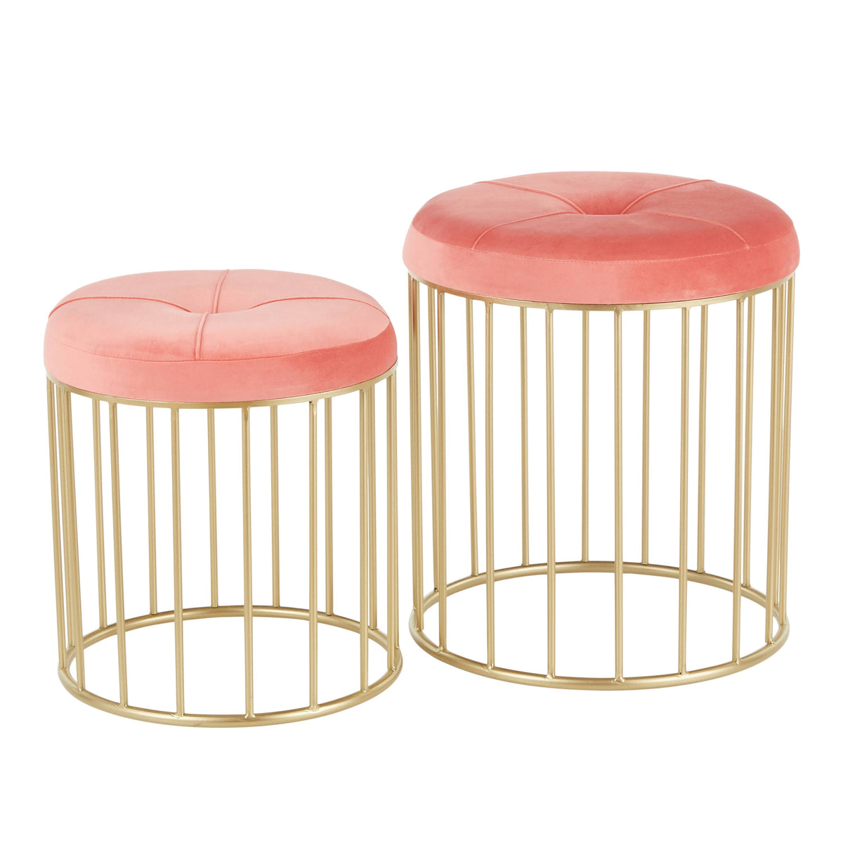 Gold Metal Pink Velvet Nesting Ottoman Set U7967