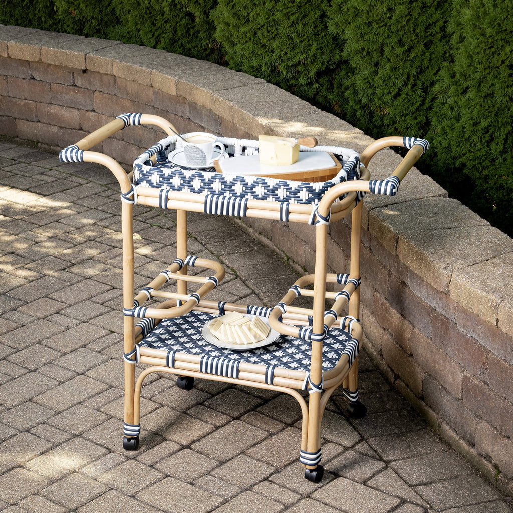 Blue & White Rattan Bar Cart U1262