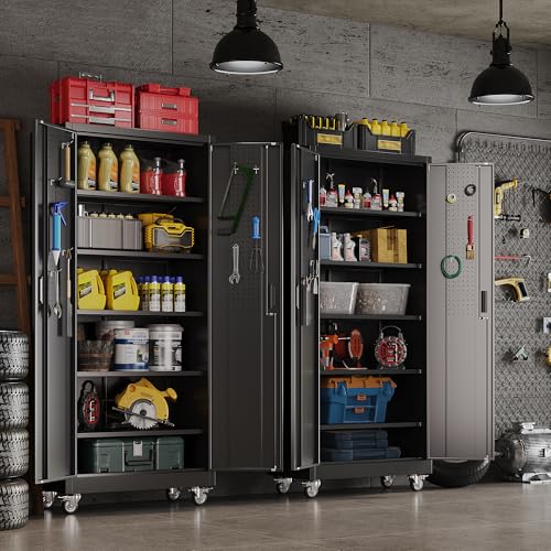 73''H White Metal Storage Cabinet with Wheels and Pegboards I7437