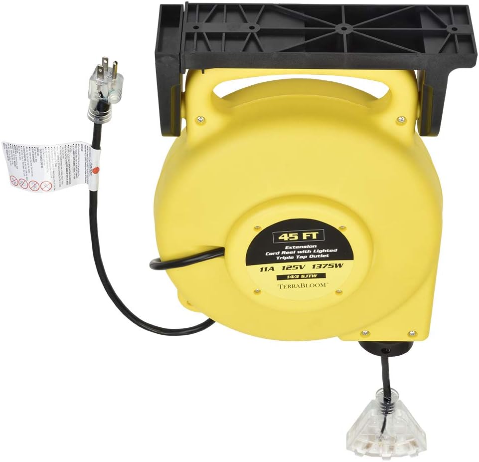 45 Ft Retractable Extension Cord Reel with 3 Electrical Outlets Heavy Duty Yellow Case Black Cable V420