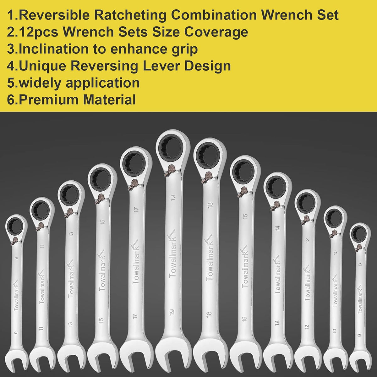12-Piece Reversible Ratchet Combination Wrench Set, Metric, 8mm-19mm Chrome Vanadium Steel H24559