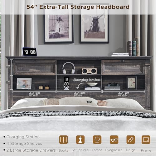 King Size Wood Platform Bed Frame with Storage Headboard and 2 Drawers Antique White P43304