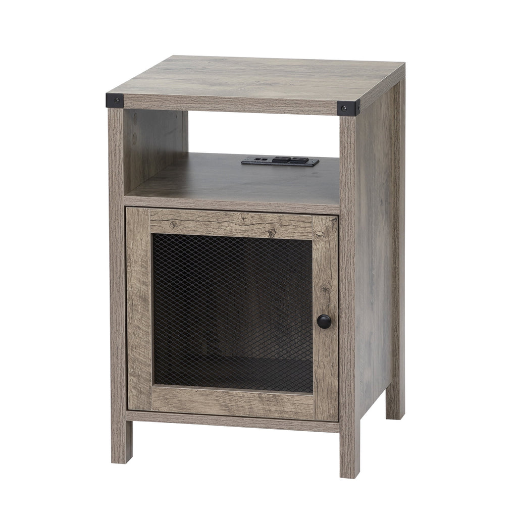 Farmhouse Nightstand with Power Outlets, USB Ports, Cabinet, Storage Shelf P813282