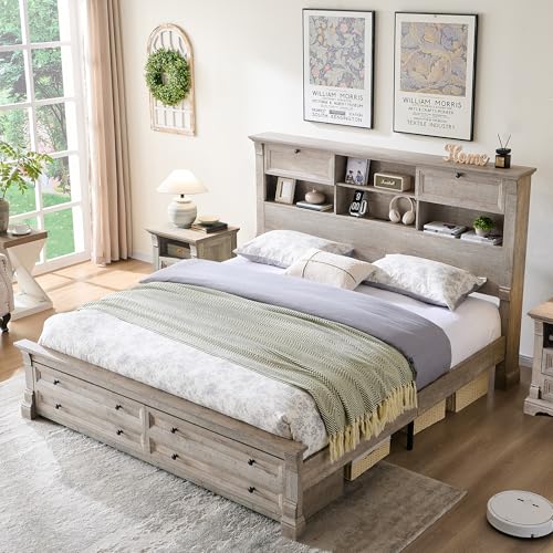 King Size Wood Platform Bed Frame with Storage Headboard and 2 Drawers Antique White P43304