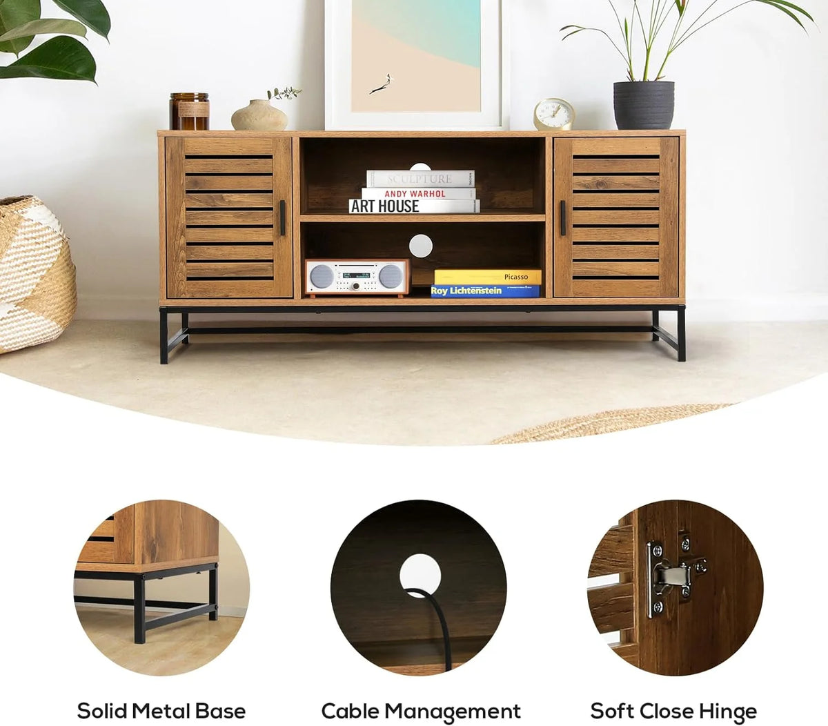 Mid-Century TV Console up to 55 Inch with Slatted Wood Doors N633693