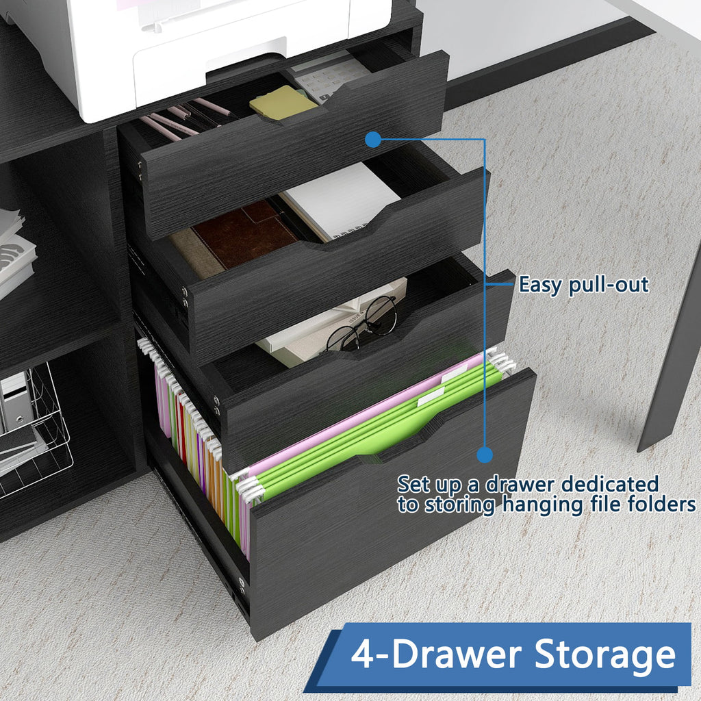 Black 4 Drawer Mobile File Cabinet with 3 Shelves B671