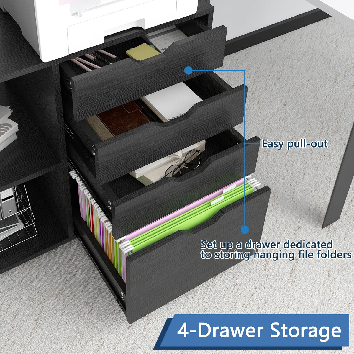 Black 4 Drawer Mobile File Cabinet with 3 Shelves B671