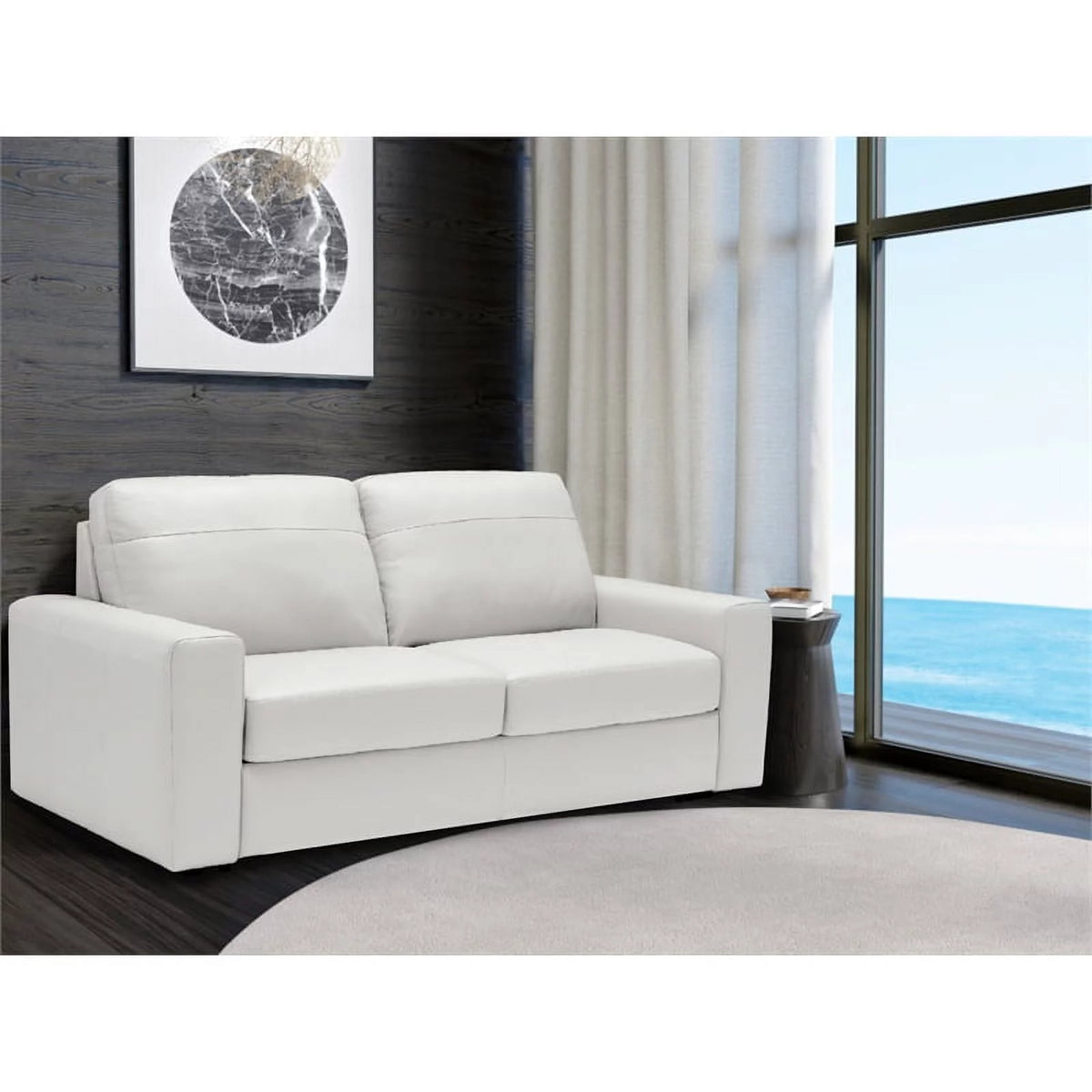 White Leather Sofa Sleeper with Full Size Pull Out Mattress J8364