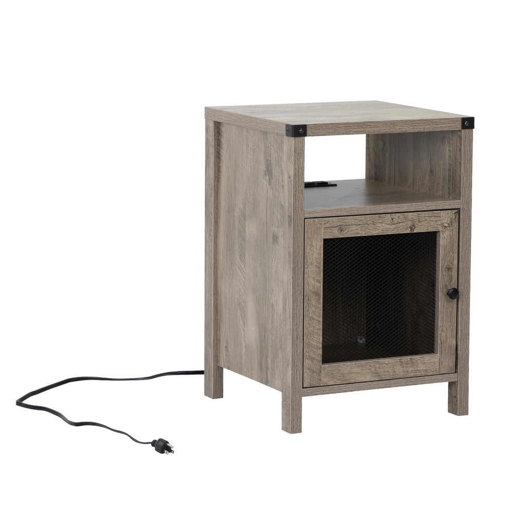 Farmhouse Nightstand with Power Outlets, USB Ports, Cabinet, Storage Shelf P813282