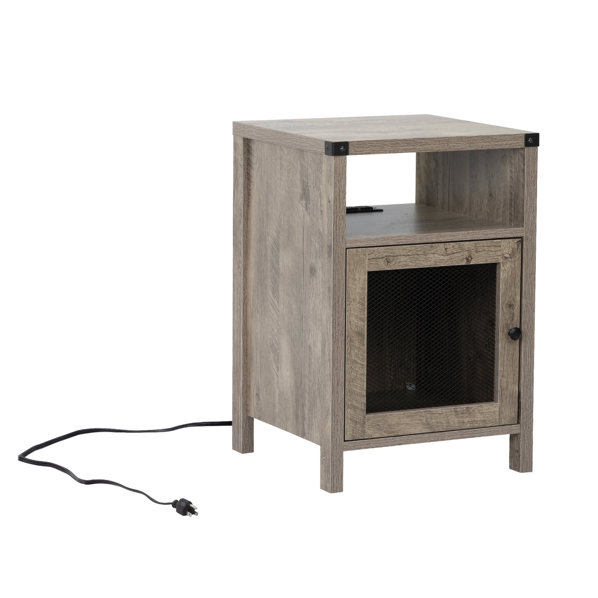 Farmhouse Nightstand with Power Outlets, USB Ports, Cabinet, Storage Shelf P813282