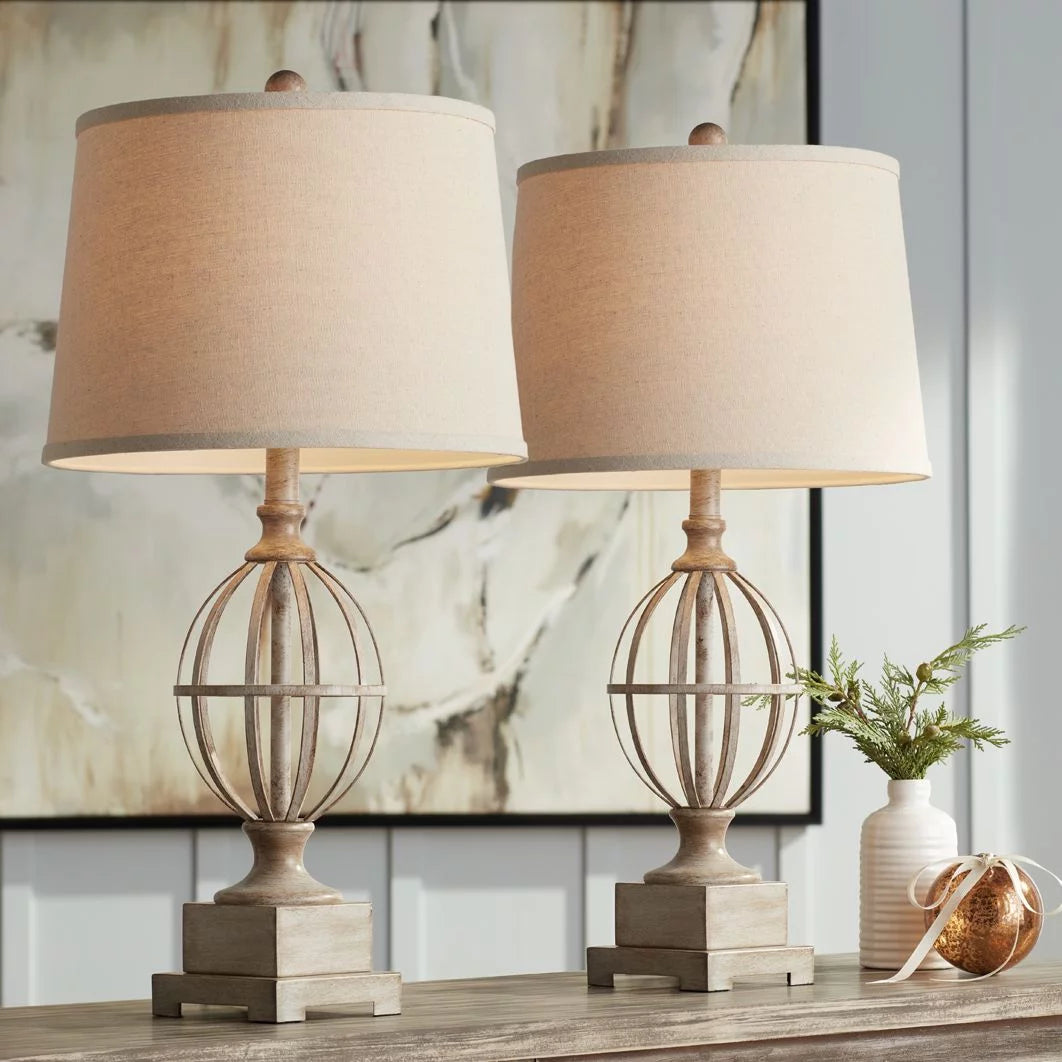 Country Cottage Table Lamps Set of 2 Light Oak Orb Cage Oatmeal Drum Shade N677