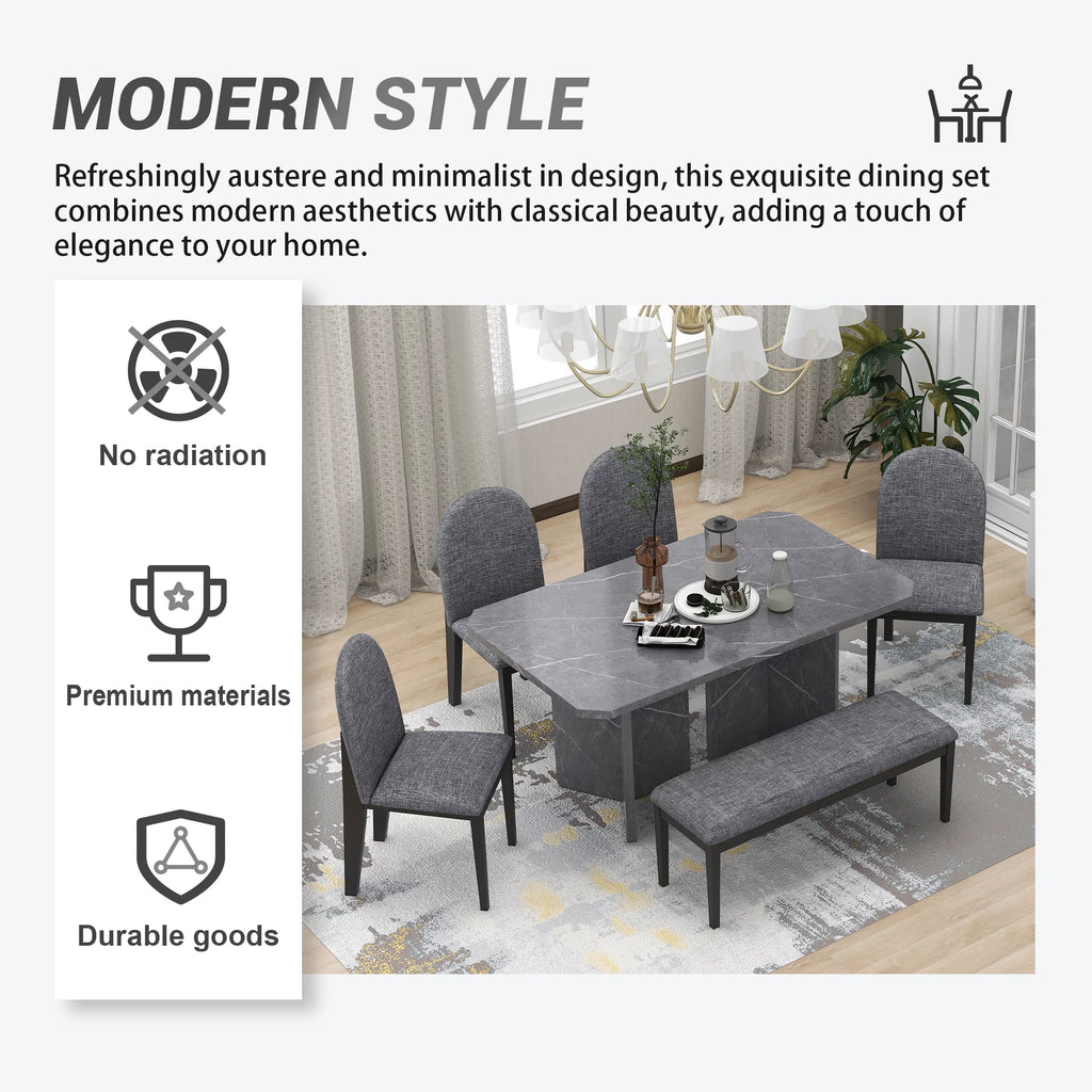 6-Piece Faux Marble Dining Set with 4 Chairs and 1 Bench W983