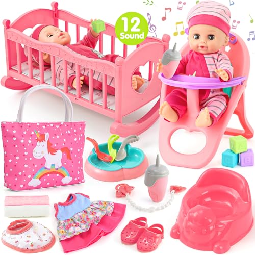 12in Baby Doll Crib and High Chair Set with 20pcs Accessories B101803