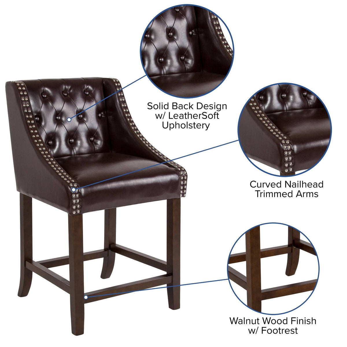 Tufted Walnut Counter Height Stool in Brown LeatherSoft T1986