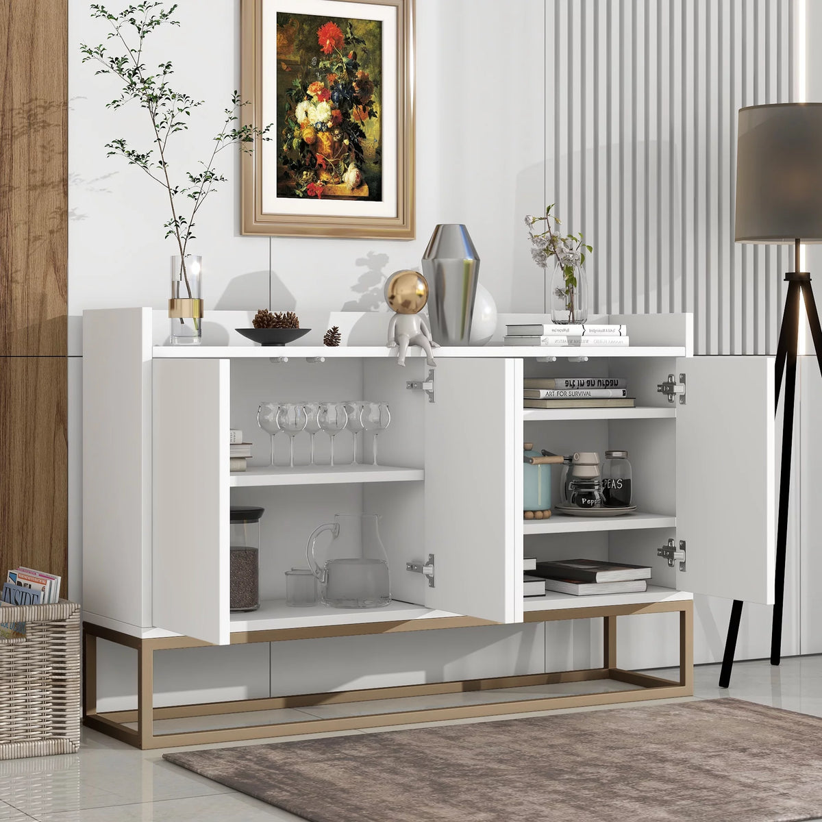 White Wooden Storage Cabinet with Metal Legs and Adjustable Shelves C345