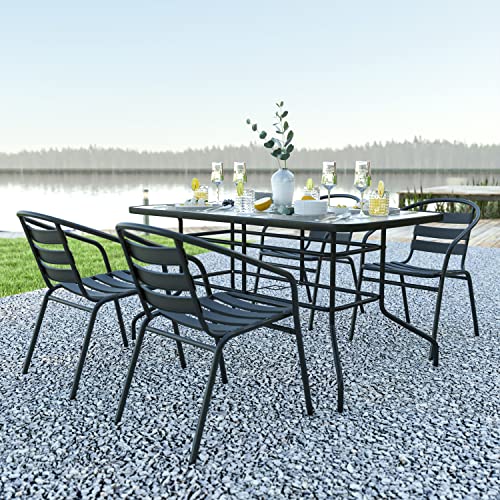 Rectangular Metal Patio Table & Chairs Set with Tempered Glass Top and 4 Black Aluminum Stacking Chairs F18209