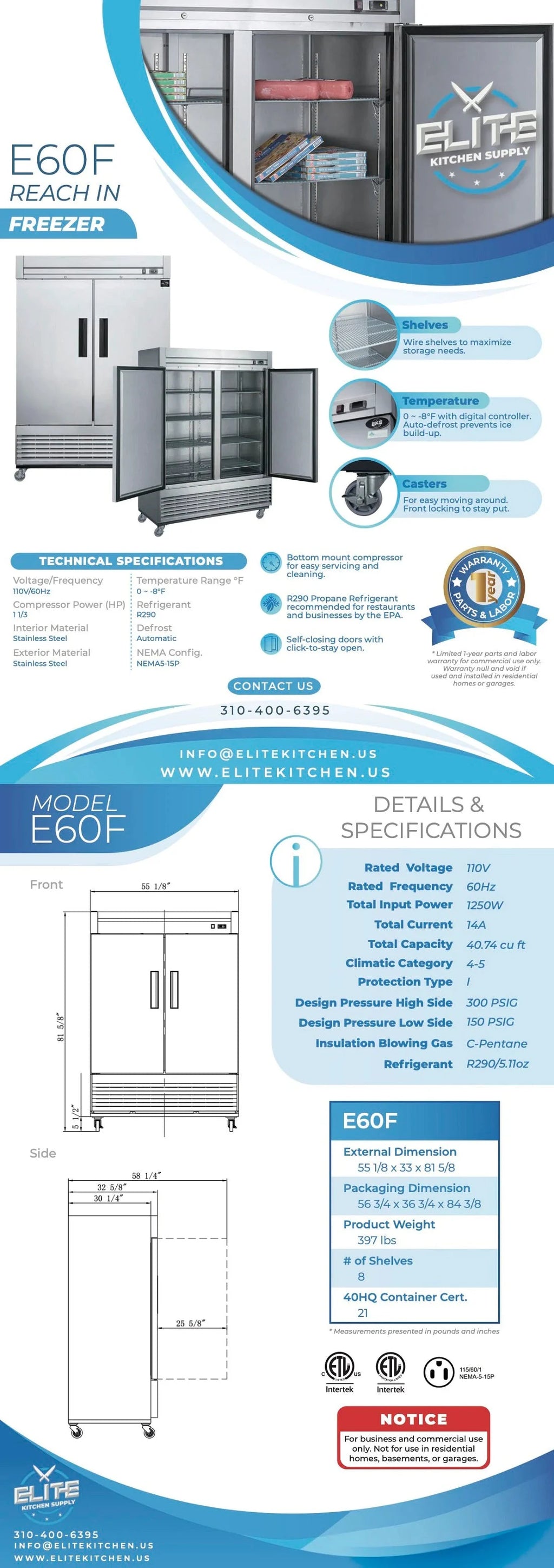 55 in. Two Door Upright Reach-in Freezer in Stainless Steel 40.7 Cu. Ft. N5543