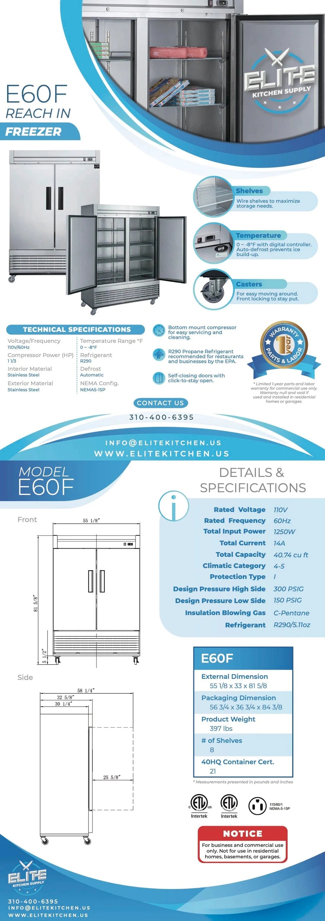 55 in. Two Door Upright Reach-in Freezer in Stainless Steel 40.7 Cu. Ft. N5543