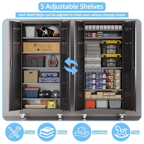 73''H White Metal Storage Cabinet with Wheels and Pegboards I7437