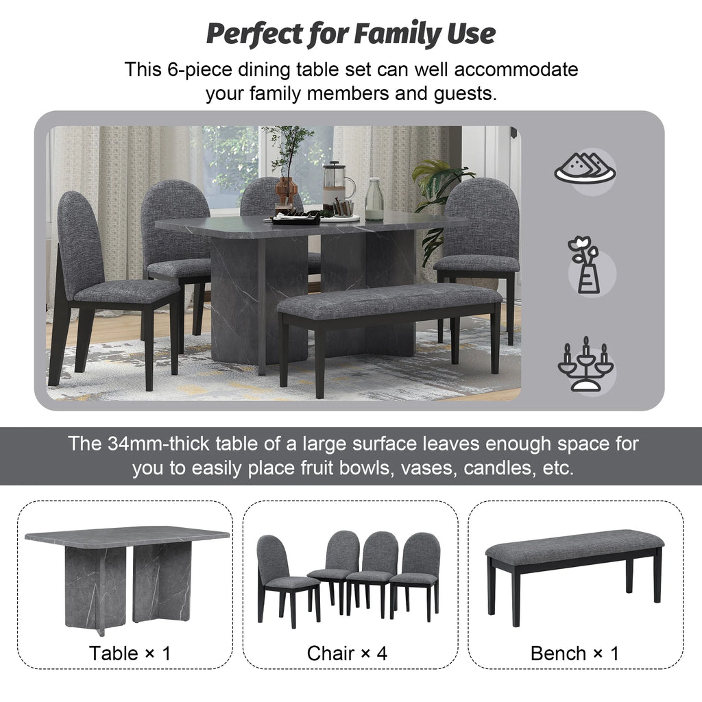 6-Piece Faux Marble Dining Set with 4 Chairs and 1 Bench W983