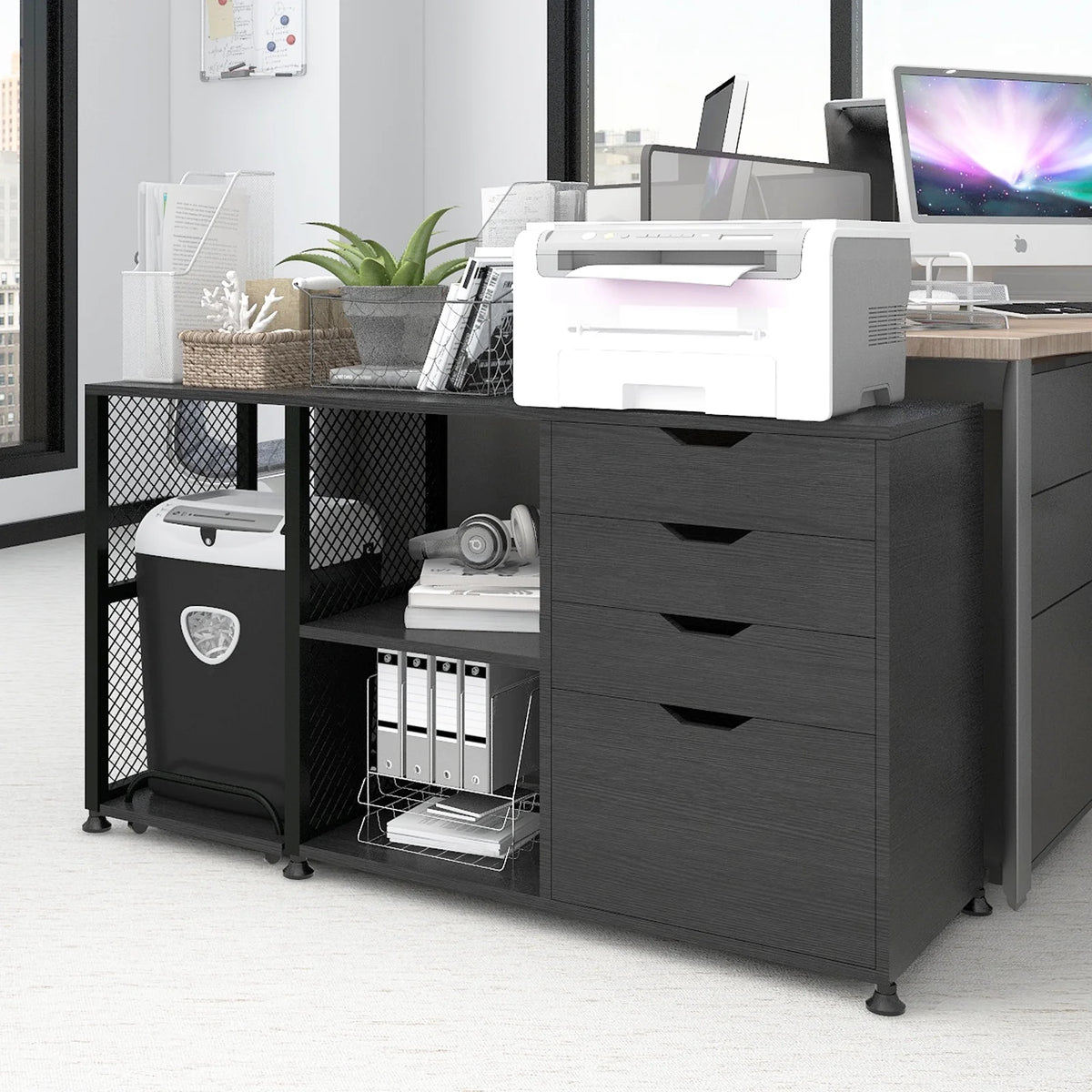 Black 4 Drawer Mobile File Cabinet with 3 Shelves B671